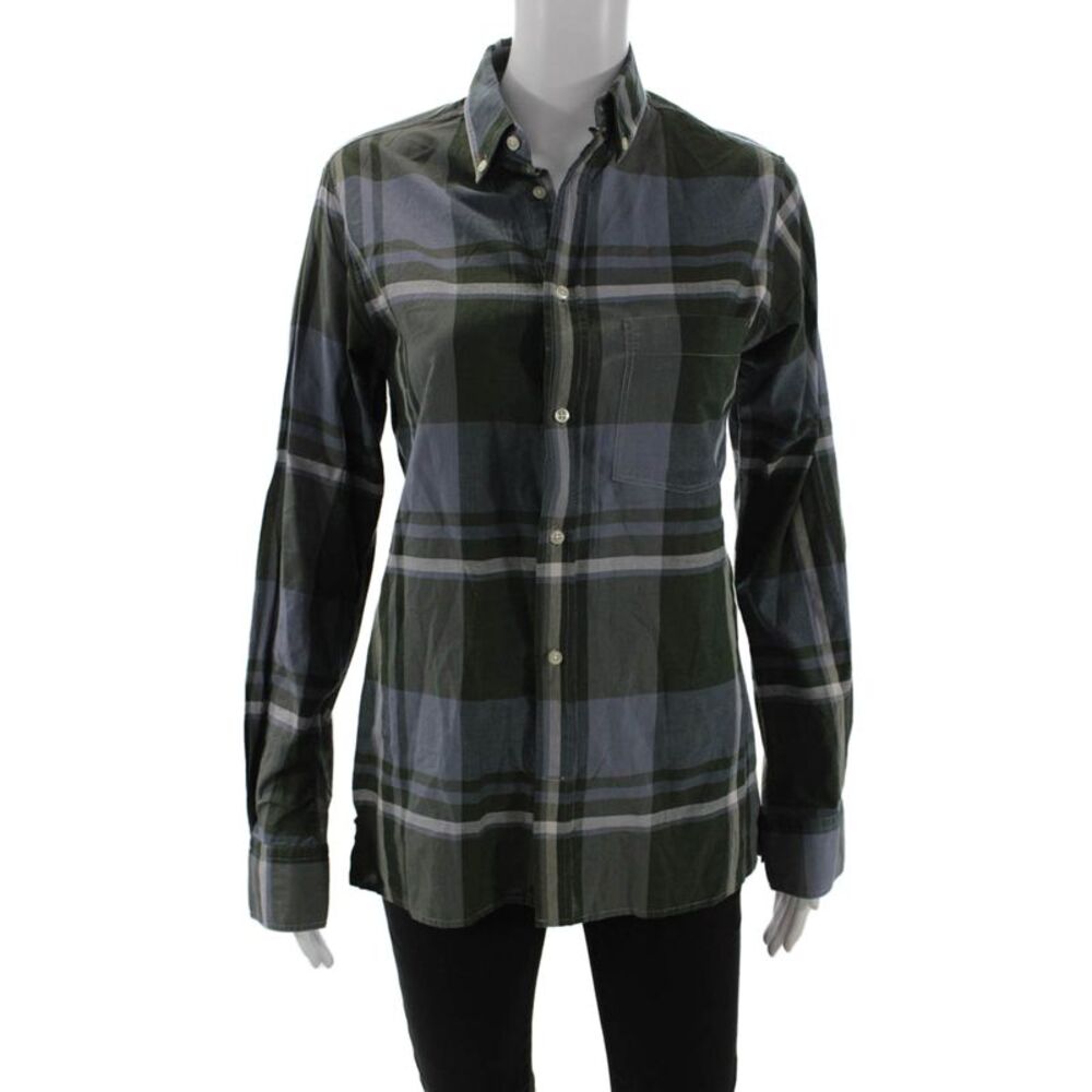 OFFICINE GENERALE Womens Plaid Collared Button-Up Dark Blue Cotton-Silk Size XS